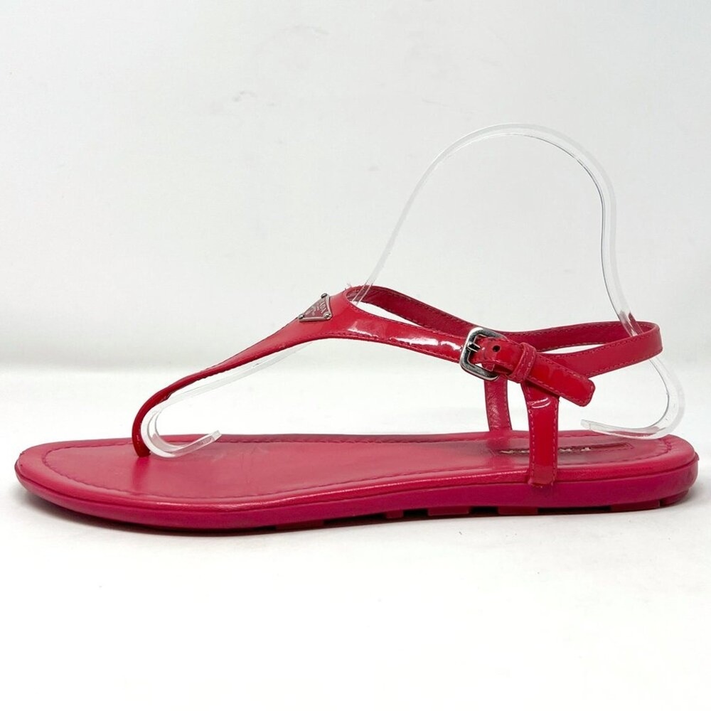Prada Pink Patent Leather Flat Sandals T‎ Strap Logo 39.5 - Picture 2 of 8